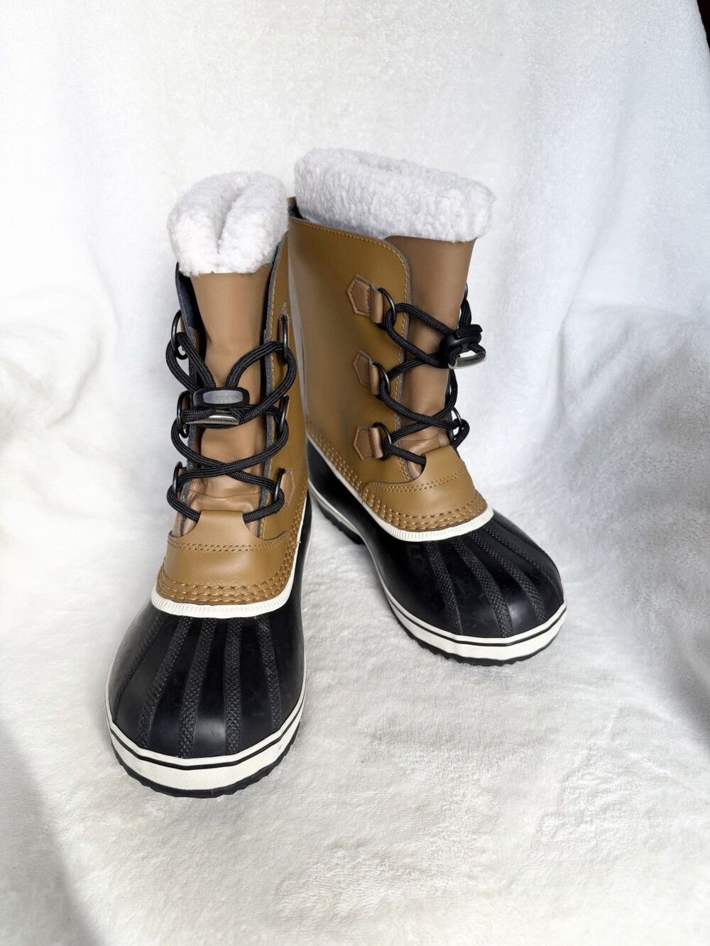 SOREL KIDS Size 4 Tan/Black Leather Lace-Up Snow Boots Rubber Sole NY5205-259